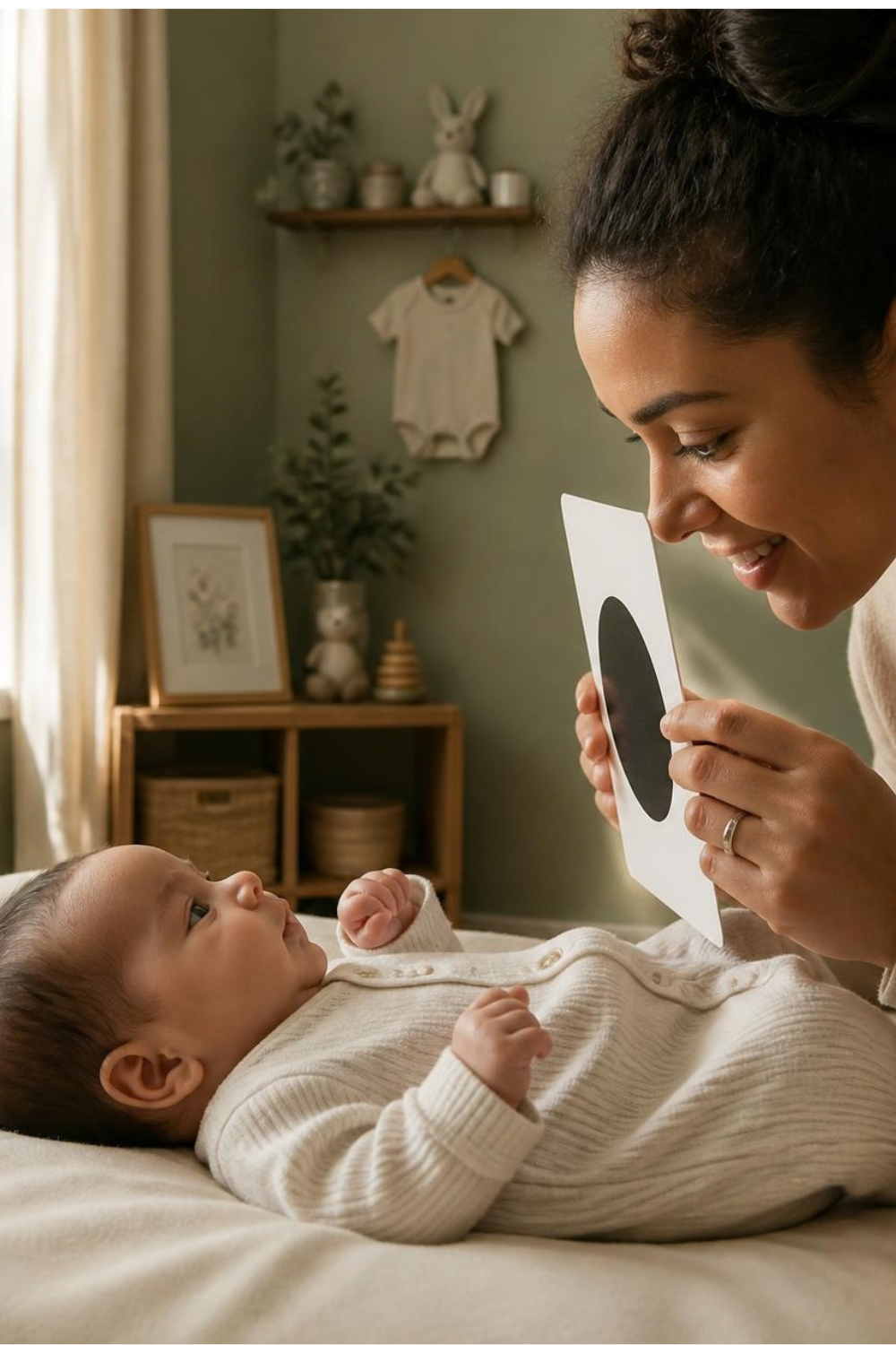 Mother showing her baby a flashcard in the nursery