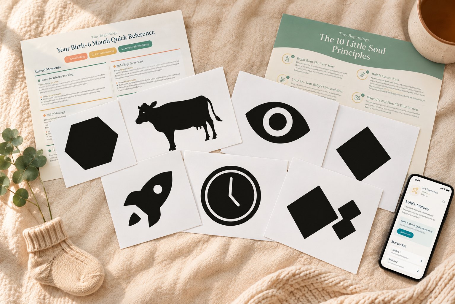 Tiny Beginnings cards and printables laid out on a soft blanket